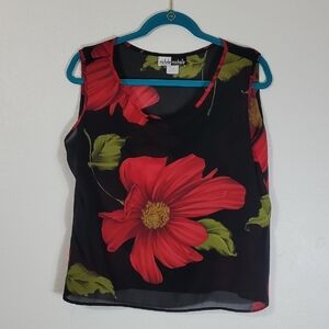Y2K Women Sheer Romantic Sleeveless Tank Top Size 14/L Red Floral Whimsigoth